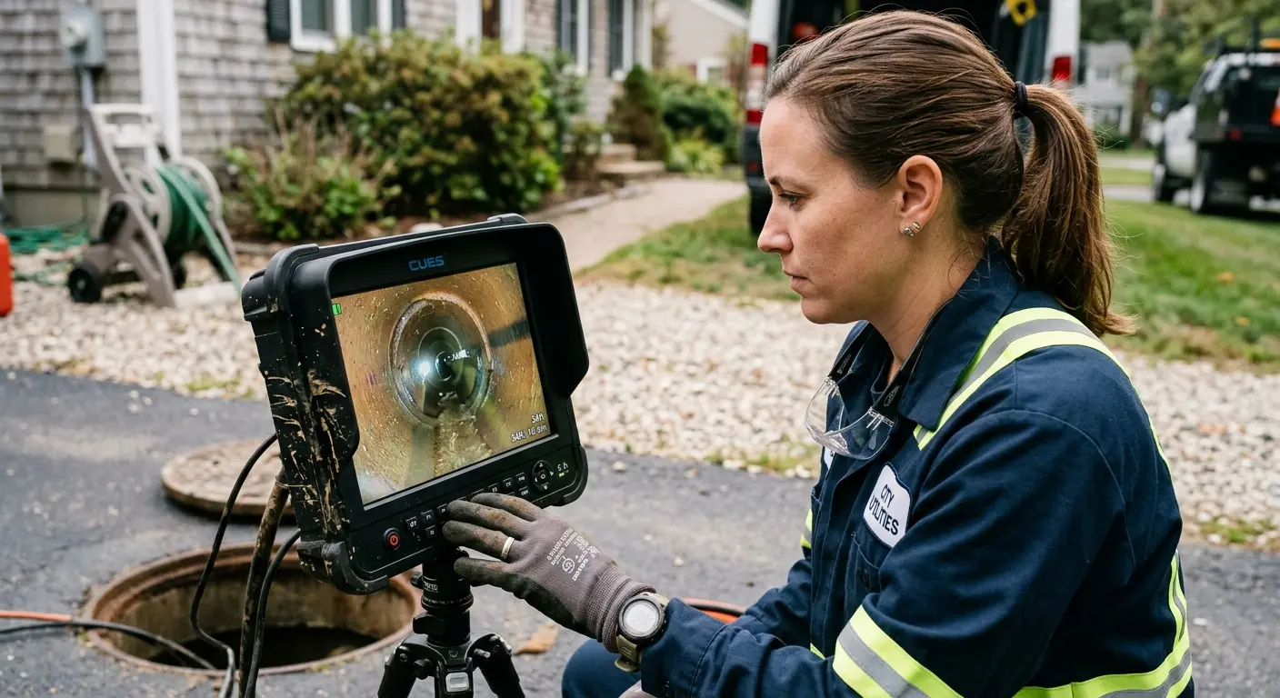 Technician reviewing sewer camera inspection footage in Wauwatosa