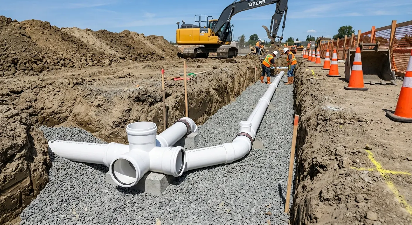 New PVC sewer pipe installation in open trench for Sewer Backup in Wauwatosa